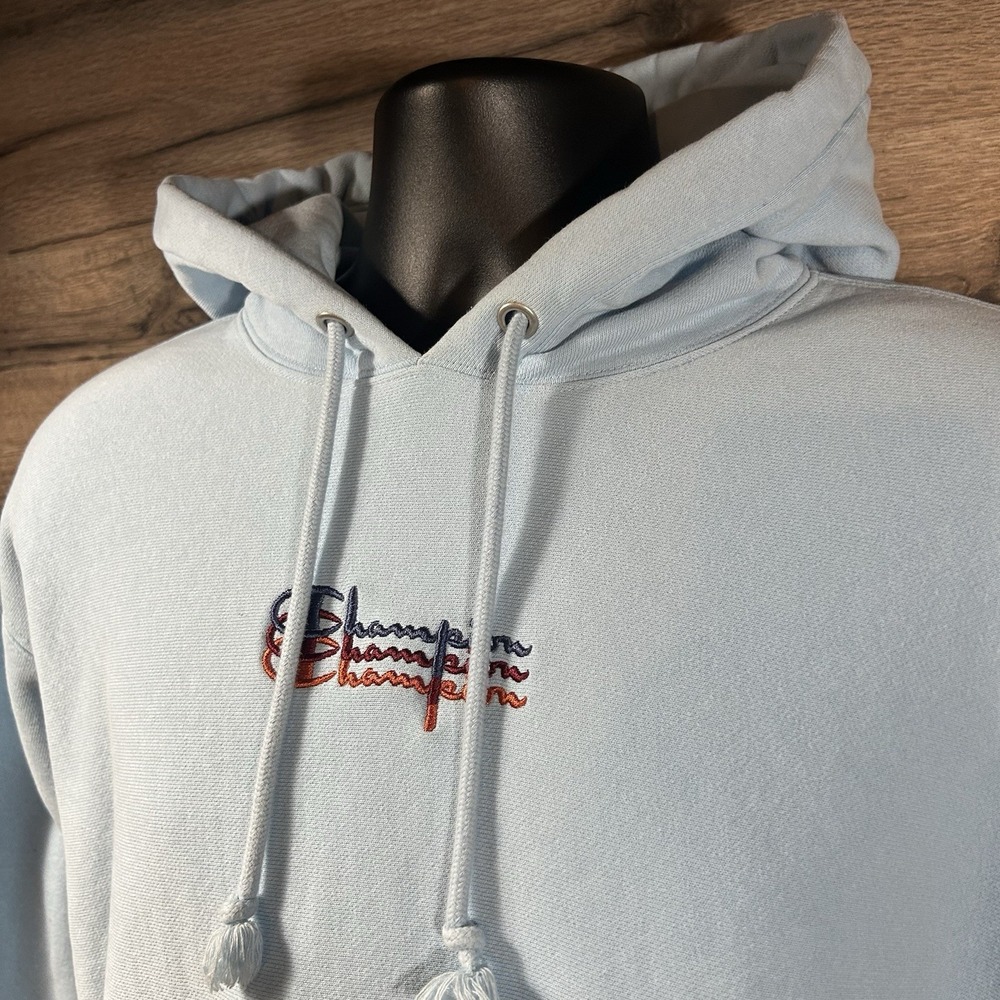 Champion Reverse Weave Triple Script Logo Pullover Hoodie Large Light Blue - Picture 2 of 8